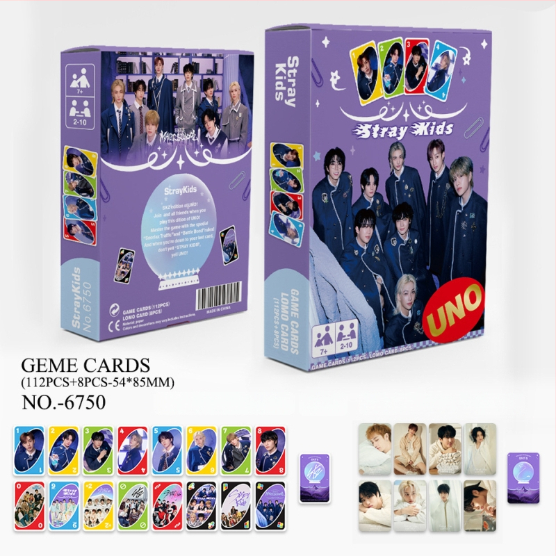 UNO stilā kartes spēle ar 120 kartēm, K-pop tēma GOT7 IVE GIDLE EN Star (Papīra kartes • Krāsaina kastīte • Vecuma 15–35 • Interaktīvā spēle)