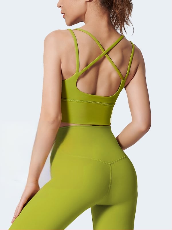 Top de yoga cu spate încrucișat, material care elimină umezeala, pernă detașabilă pentru piept, 80% nylon, 20% spandex