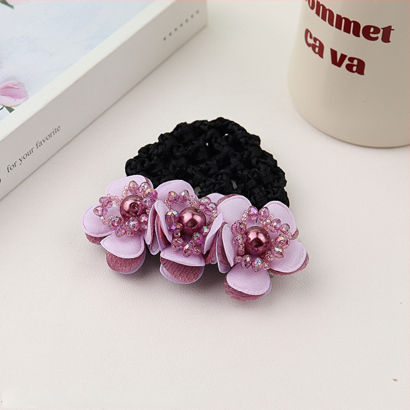 Дамски аксесоар за коса с перлена цветна розета и пружинен щипка, плат, минималистичен стил, ръчна изработка