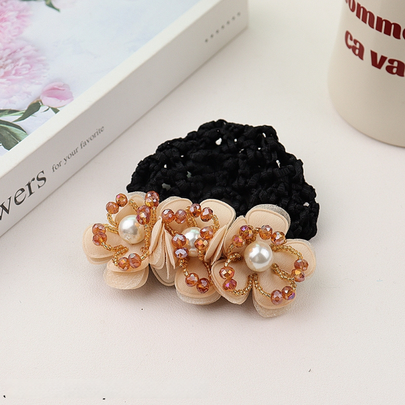 Дамски аксесоар за коса с перлена цветна розета и пружинен щипка, плат, минималистичен стил, ръчна изработка