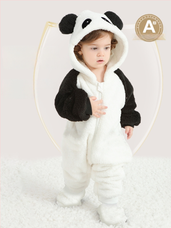 Bebriuko kombinezonas su Panda motyvu, gobtuvu iš Sherpa pūkų, storas audinys, užtrauktukas, amžius 1–3 metų (aukštis 80–100 cm)