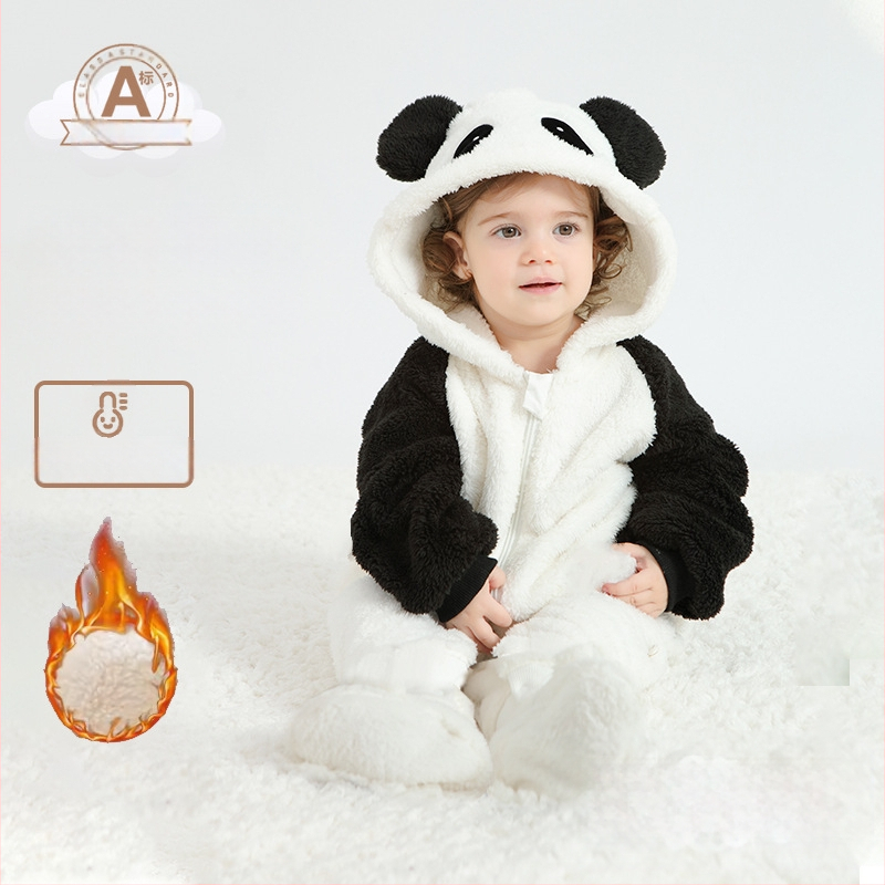 Bebriuko kombinezonas su Panda motyvu, gobtuvu iš Sherpa pūkų, storas audinys, užtrauktukas, amžius 1–3 metų (aukštis 80–100 cm)
