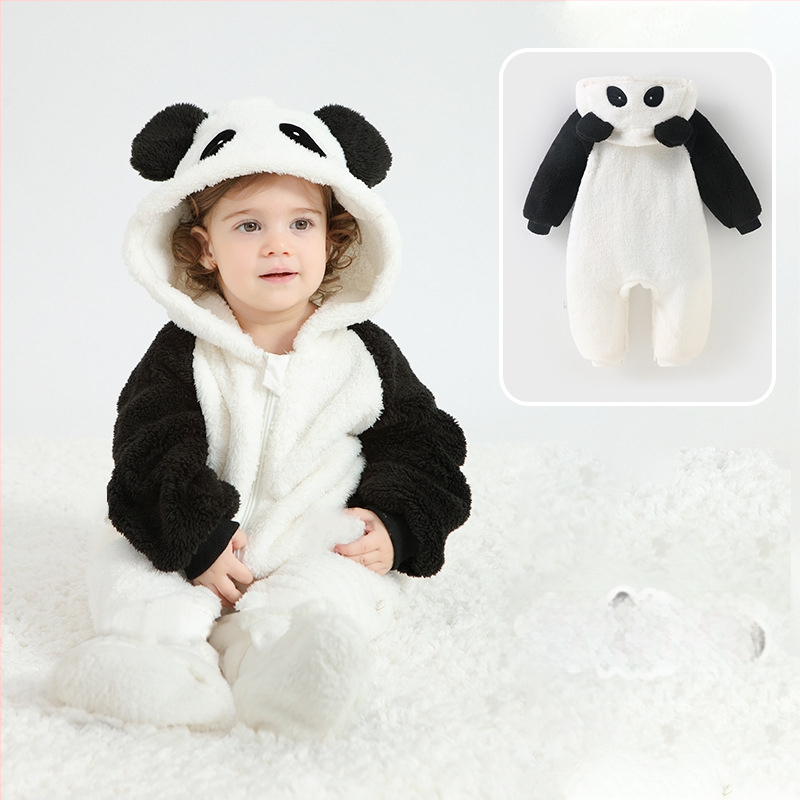 Bebriuko kombinezonas su Panda motyvu, gobtuvu iš Sherpa pūkų, storas audinys, užtrauktukas, amžius 1–3 metų (aukštis 80–100 cm)