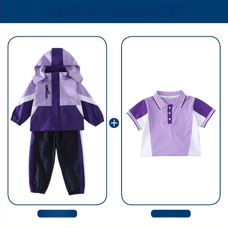 Tryjų dalių mokyklinės uniformos komplektas (švarkas + marškiniai su ilgomis rankovėmis + kelnės), 100% acetato pluoštas, unisex, nuimamas gobtuvas, vaikams 3–8 metai