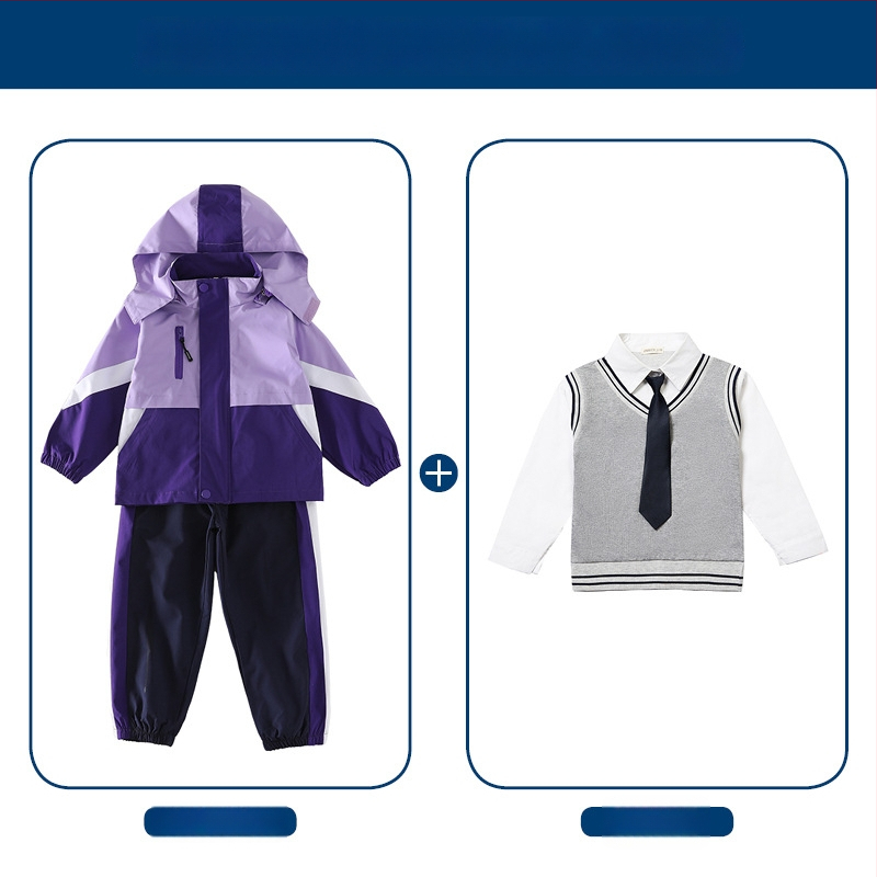 Tryjų dalių mokyklinės uniformos komplektas (švarkas + marškiniai su ilgomis rankovėmis + kelnės), 100% acetato pluoštas, unisex, nuimamas gobtuvas, vaikams 3–8 metai