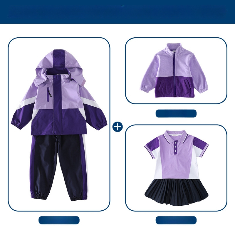 Tryjų dalių mokyklinės uniformos komplektas (švarkas + marškiniai su ilgomis rankovėmis + kelnės), 100% acetato pluoštas, unisex, nuimamas gobtuvas, vaikams 3–8 metai