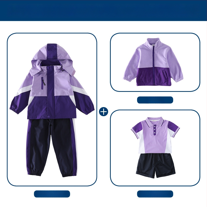 Tryjų dalių mokyklinės uniformos komplektas (švarkas + marškiniai su ilgomis rankovėmis + kelnės), 100% acetato pluoštas, unisex, nuimamas gobtuvas, vaikams 3–8 metai