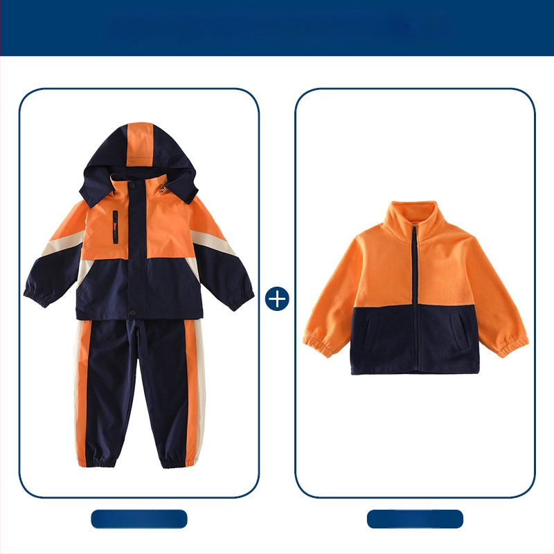 Tryjų dalių mokyklinės uniformos komplektas (švarkas + marškiniai su ilgomis rankovėmis + kelnės), 100% acetato pluoštas, unisex, nuimamas gobtuvas, vaikams 3–8 metai