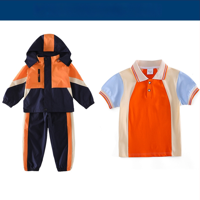 Tryjų dalių mokyklinės uniformos komplektas (švarkas + marškiniai su ilgomis rankovėmis + kelnės), 100% acetato pluoštas, unisex, nuimamas gobtuvas, vaikams 3–8 metai