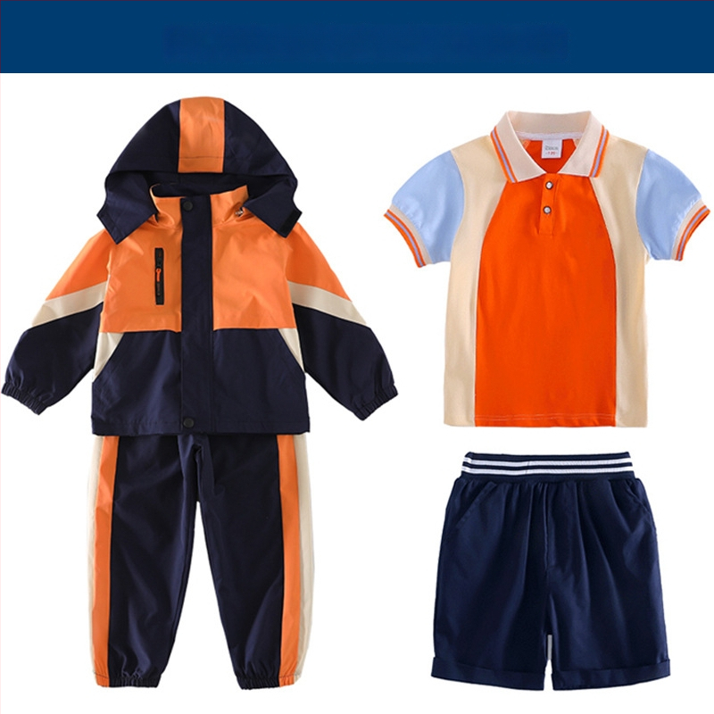 Tryjų dalių mokyklinės uniformos komplektas (švarkas + marškiniai su ilgomis rankovėmis + kelnės), 100% acetato pluoštas, unisex, nuimamas gobtuvas, vaikams 3–8 metai