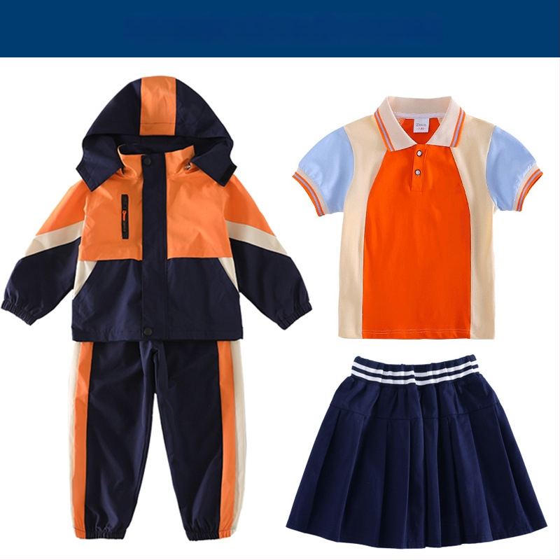 Tryjų dalių mokyklinės uniformos komplektas (švarkas + marškiniai su ilgomis rankovėmis + kelnės), 100% acetato pluoštas, unisex, nuimamas gobtuvas, vaikams 3–8 metai