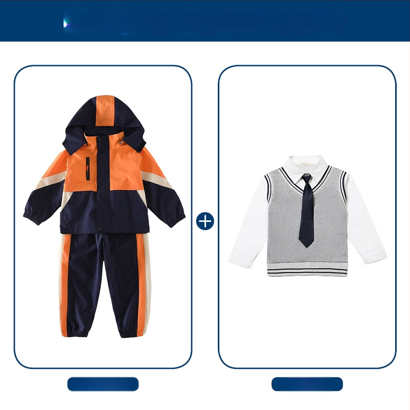 Tryjų dalių mokyklinės uniformos komplektas (švarkas + marškiniai su ilgomis rankovėmis + kelnės), 100% acetato pluoštas, unisex, nuimamas gobtuvas, vaikams 3–8 metai