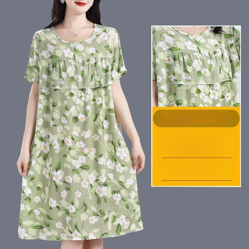 Γυναικείο νυχτικό-φόρεμα από βαμβάκι και μετάξι, στρογγυλός λαιμός, μανίκια 3/4, μακριά φούστα