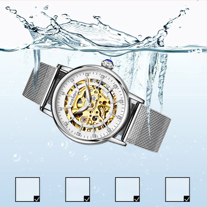 Sieviešu divpusējs skeleta pulkstenis ar automātisko kustību, nerūsējoša tērauda siksna, caurspīdīgs aizmugurējais vāciņš, ūdensizturība 50 m