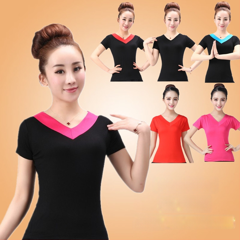 Kvadranttantsų marškinėliai iš modalinio audinio, V kaklo, trumpomis rankovėmis, 100% modal, moterims, vasaros scenos drabužiai