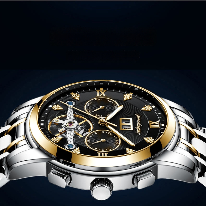 Vīriešu automātiskā mehāniskā pulksteņa ar 42 mm cipfera diametru, ūdensizturība līdz 50 m, Tourbillon, kalendārs un nerūsējošā tērauda siksna.