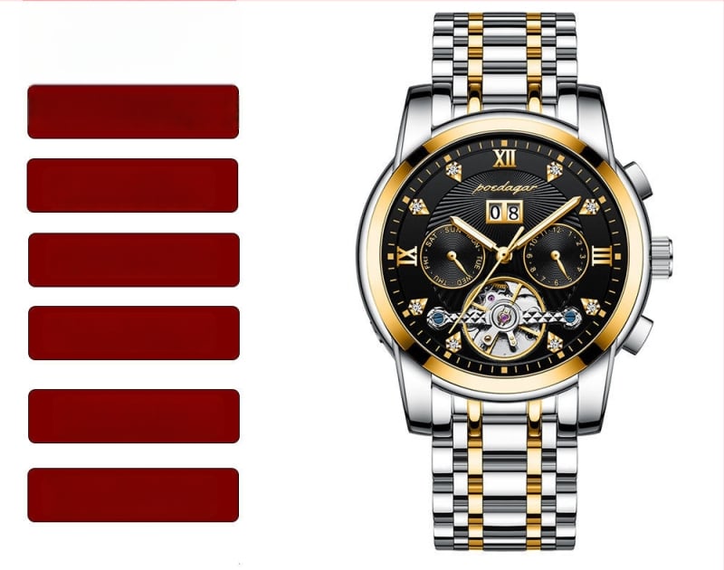 Vīriešu automātiskā mehāniskā pulksteņa ar 42 mm cipfera diametru, ūdensizturība līdz 50 m, Tourbillon, kalendārs un nerūsējošā tērauda siksna.