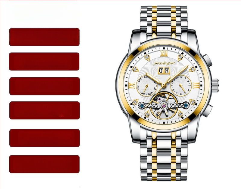 Vīriešu automātiskā mehāniskā pulksteņa ar 42 mm cipfera diametru, ūdensizturība līdz 50 m, Tourbillon, kalendārs un nerūsējošā tērauda siksna.