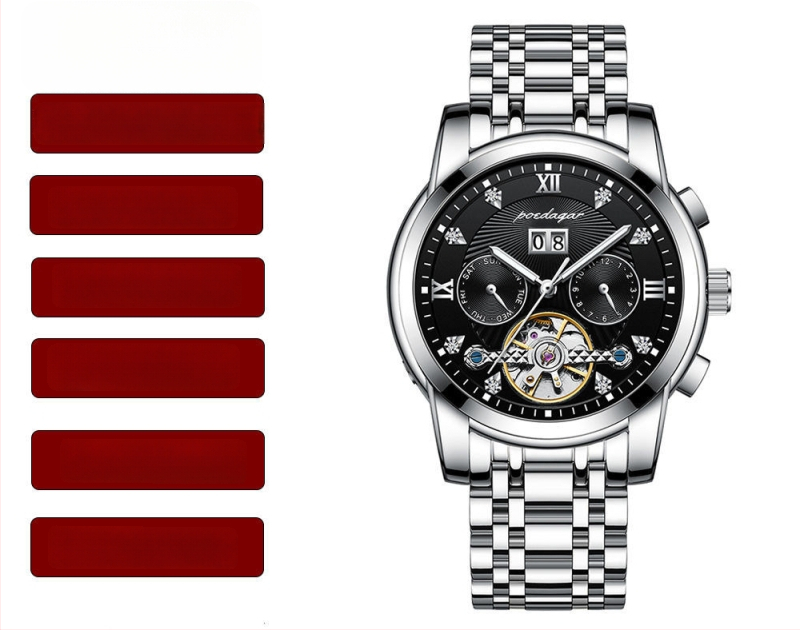 Vīriešu automātiskā mehāniskā pulksteņa ar 42 mm cipfera diametru, ūdensizturība līdz 50 m, Tourbillon, kalendārs un nerūsējošā tērauda siksna.