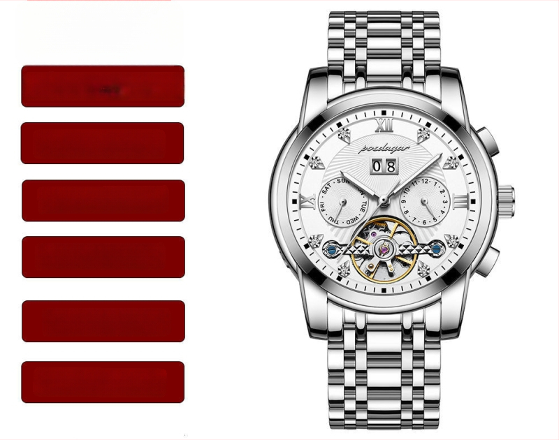 Vīriešu automātiskā mehāniskā pulksteņa ar 42 mm cipfera diametru, ūdensizturība līdz 50 m, Tourbillon, kalendārs un nerūsējošā tērauda siksna.