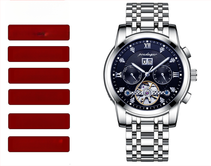 Vīriešu automātiskā mehāniskā pulksteņa ar 42 mm cipfera diametru, ūdensizturība līdz 50 m, Tourbillon, kalendārs un nerūsējošā tērauda siksna.