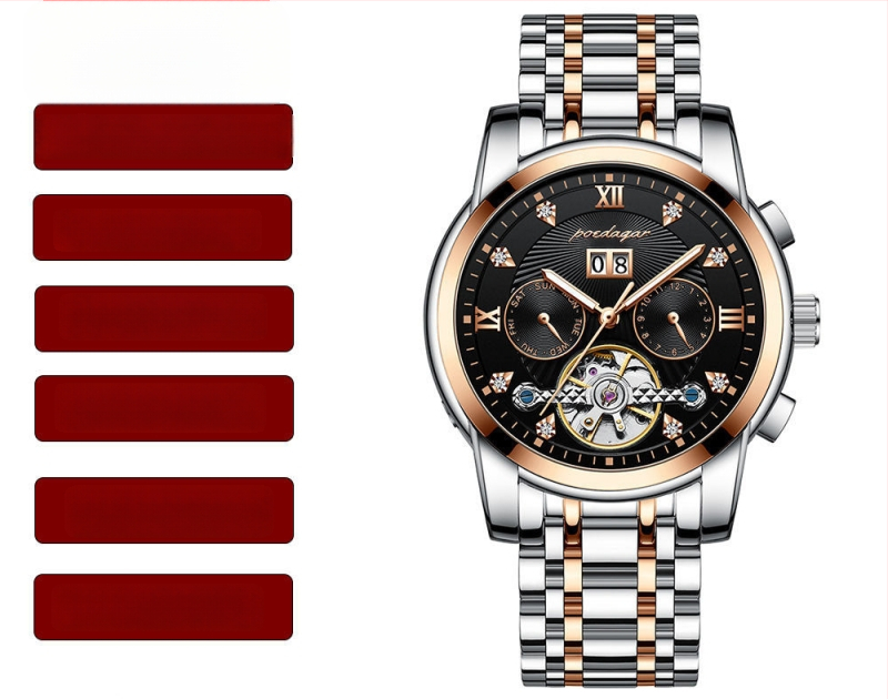 Vīriešu automātiskā mehāniskā pulksteņa ar 42 mm cipfera diametru, ūdensizturība līdz 50 m, Tourbillon, kalendārs un nerūsējošā tērauda siksna.