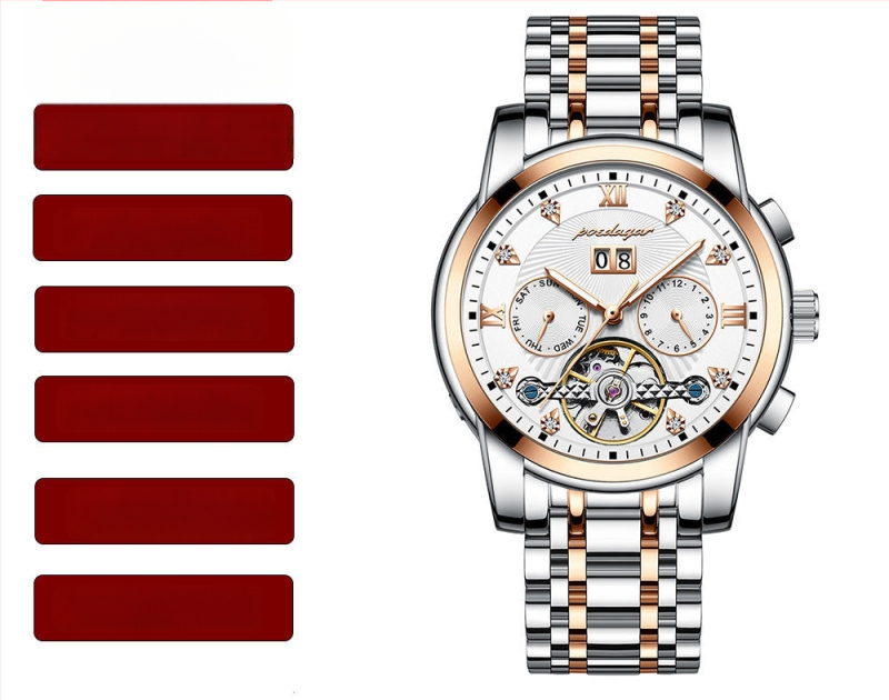 Vīriešu automātiskā mehāniskā pulksteņa ar 42 mm cipfera diametru, ūdensizturība līdz 50 m, Tourbillon, kalendārs un nerūsējošā tērauda siksna.