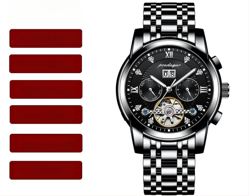 Vīriešu automātiskā mehāniskā pulksteņa ar 42 mm cipfera diametru, ūdensizturība līdz 50 m, Tourbillon, kalendārs un nerūsējošā tērauda siksna.