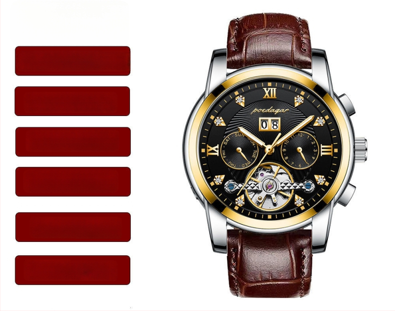 Vīriešu automātiskā mehāniskā pulksteņa ar 42 mm cipfera diametru, ūdensizturība līdz 50 m, Tourbillon, kalendārs un nerūsējošā tērauda siksna.