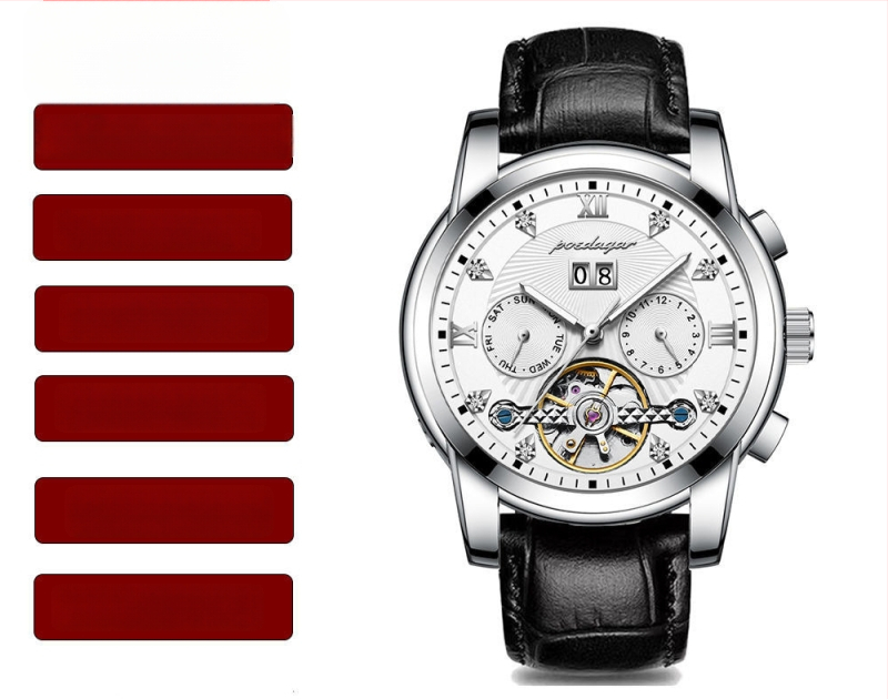 Vīriešu automātiskā mehāniskā pulksteņa ar 42 mm cipfera diametru, ūdensizturība līdz 50 m, Tourbillon, kalendārs un nerūsējošā tērauda siksna.