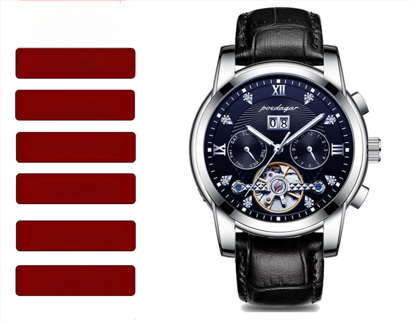 Vīriešu automātiskā mehāniskā pulksteņa ar 42 mm cipfera diametru, ūdensizturība līdz 50 m, Tourbillon, kalendārs un nerūsējošā tērauda siksna.