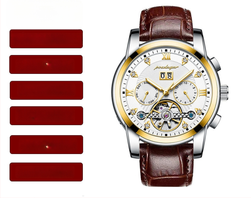 Vīriešu automātiskā mehāniskā pulksteņa ar 42 mm cipfera diametru, ūdensizturība līdz 50 m, Tourbillon, kalendārs un nerūsējošā tērauda siksna.