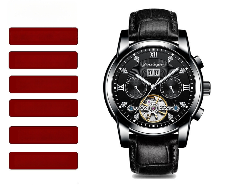 Vīriešu automātiskā mehāniskā pulksteņa ar 42 mm cipfera diametru, ūdensizturība līdz 50 m, Tourbillon, kalendārs un nerūsējošā tērauda siksna.