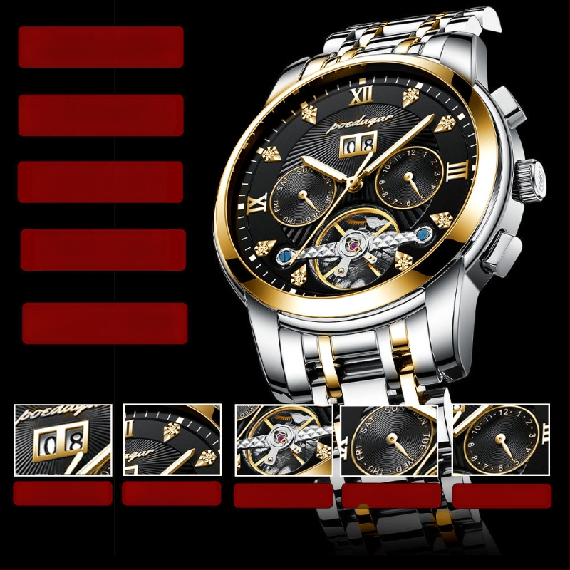 Vīriešu automātiskā mehāniskā pulksteņa ar 42 mm cipfera diametru, ūdensizturība līdz 50 m, Tourbillon, kalendārs un nerūsējošā tērauda siksna.