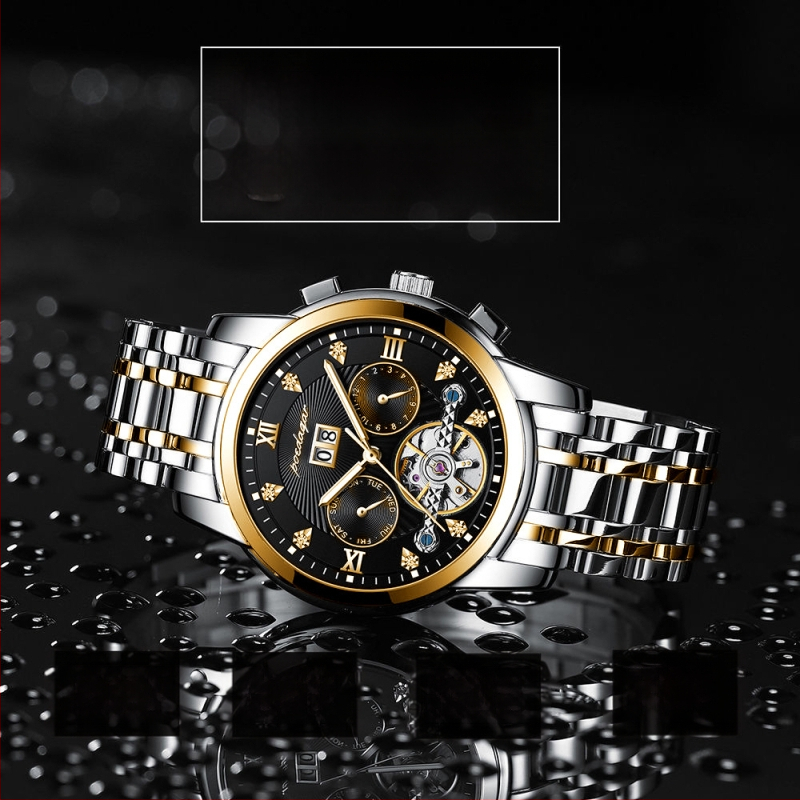 Vīriešu automātiskā mehāniskā pulksteņa ar 42 mm cipfera diametru, ūdensizturība līdz 50 m, Tourbillon, kalendārs un nerūsējošā tērauda siksna.