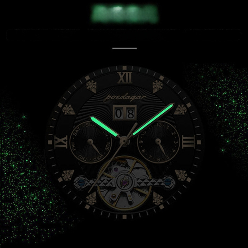 Vīriešu automātiskā mehāniskā pulksteņa ar 42 mm cipfera diametru, ūdensizturība līdz 50 m, Tourbillon, kalendārs un nerūsējošā tērauda siksna.