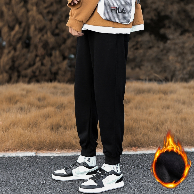 Vyrų kasdieninės kelnės su fleece įdėklu, Korėjos stiliaus haremo kelnės, laisvas kirpimas, tiesus kirpimas, žiemai (polyester, fleece, mid-waist, tether closure)