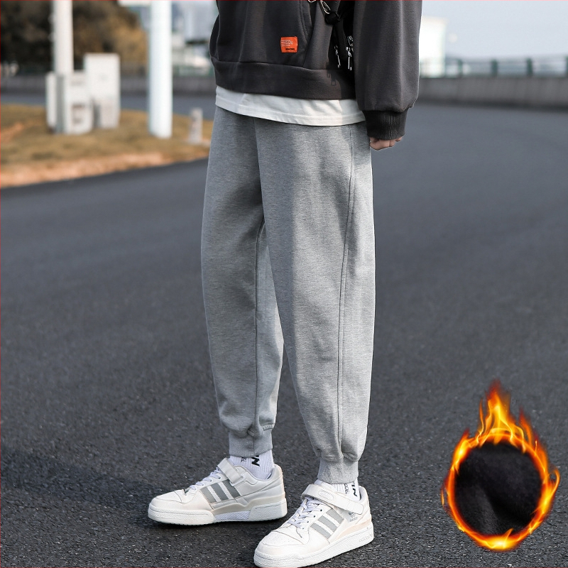 Vyrų kasdieninės kelnės su fleece įdėklu, Korėjos stiliaus haremo kelnės, laisvas kirpimas, tiesus kirpimas, žiemai (polyester, fleece, mid-waist, tether closure)