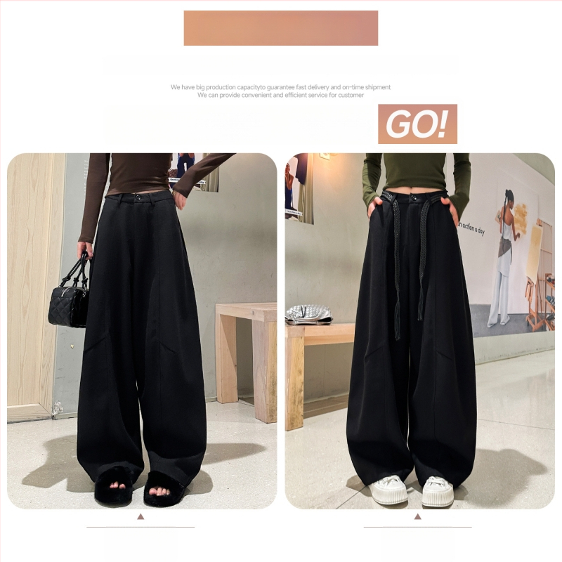 Vilnonės Scimitar moterų kelnės, rudens-žiemos 2025, aukštas liemuo, laisvas kirpimas, platus, ilgos iki grindų, medvilnė 70-80% + poliesteris <30%, dvigubas liemuo, tankus audinys, literatūrinis retro stilius