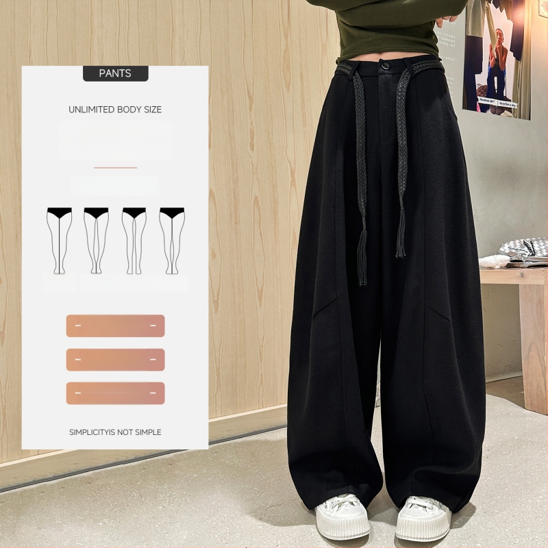 Vilnonės Scimitar moterų kelnės, rudens-žiemos 2025, aukštas liemuo, laisvas kirpimas, platus, ilgos iki grindų, medvilnė 70-80% + poliesteris <30%, dvigubas liemuo, tankus audinys, literatūrinis retro stilius