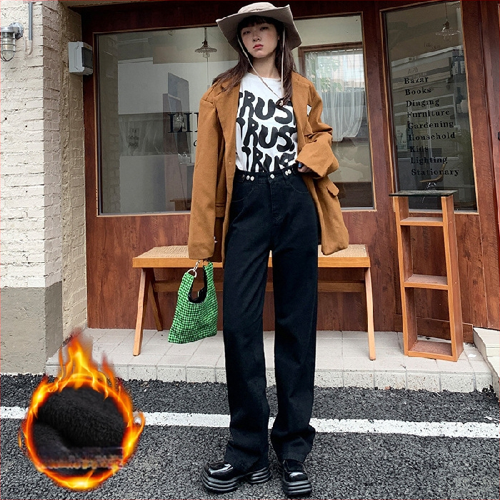 Naiste džinsid laia lõikega, kõrge vöökoht, puuvillane denims 70–80%, jaapani-korea vabaajastiil, talv 2022