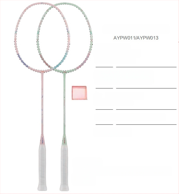 Li-Ning Badmintono raketė – anglies pluošto rėmas, svoris 80–84 g, rankenos storis G5, raketės tipas: tiesus, tinkama pradedantiesiems ir vidutiniams, badmintonui ir stalo tenisui