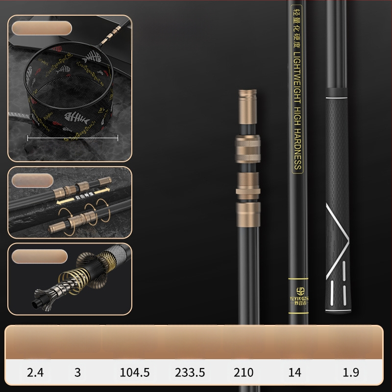 Oglekļa šķiedras teleskopiska tīkla makšķerēšanas komplekts – ultra viegls, stingrs, ar smalku aci, saliekams, slodze 100 kg