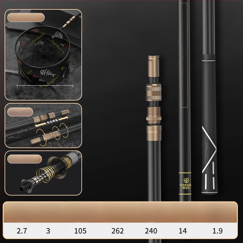 Oglekļa šķiedras teleskopiska tīkla makšķerēšanas komplekts – ultra viegls, stingrs, ar smalku aci, saliekams, slodze 100 kg