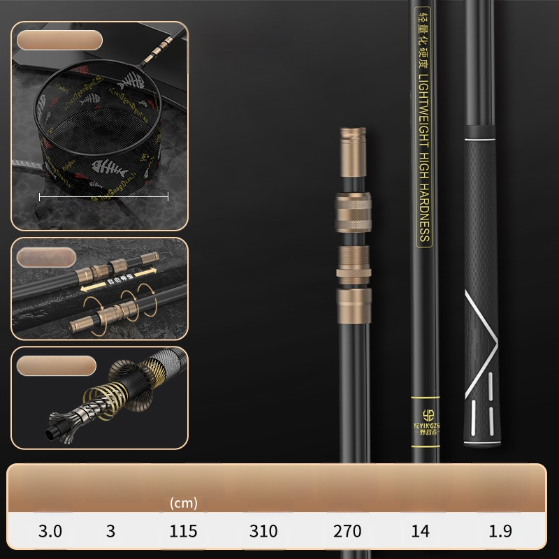 Oglekļa šķiedras teleskopiska tīkla makšķerēšanas komplekts – ultra viegls, stingrs, ar smalku aci, saliekams, slodze 100 kg