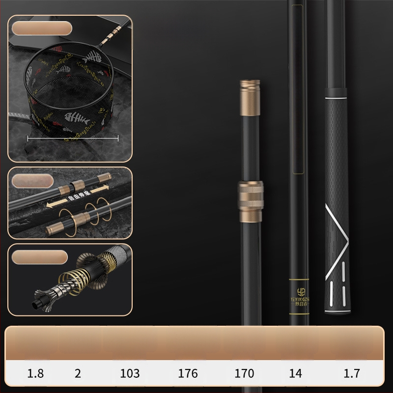 Oglekļa šķiedras teleskopiska tīkla makšķerēšanas komplekts – ultra viegls, stingrs, ar smalku aci, saliekams, slodze 100 kg