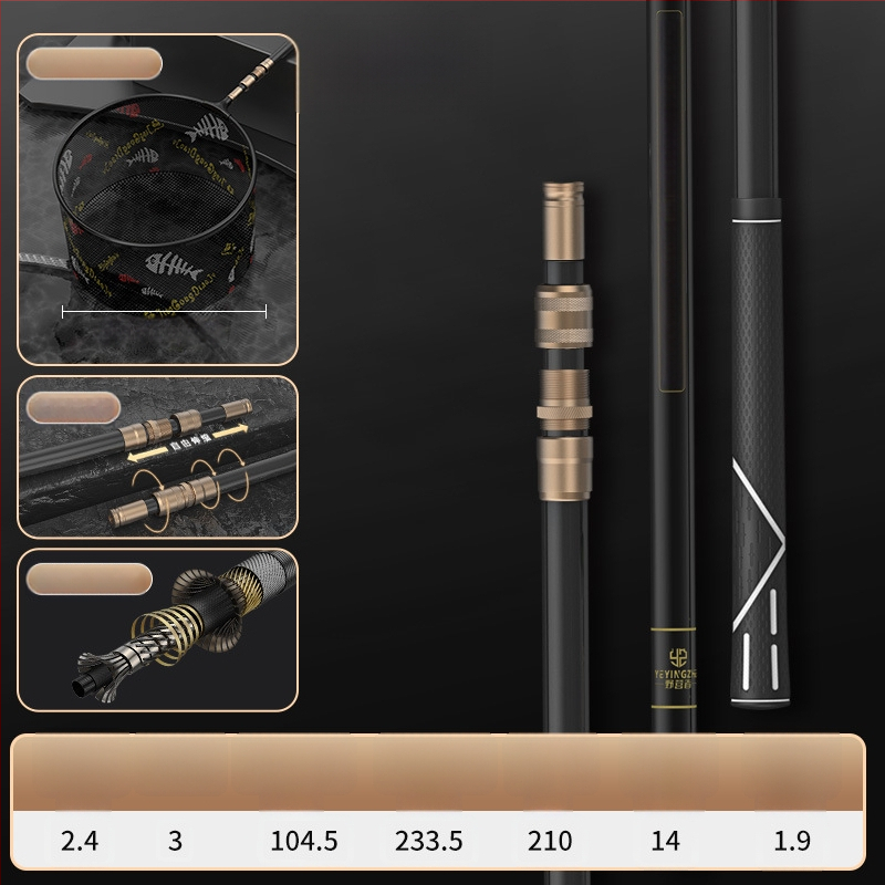 Oglekļa šķiedras teleskopiska tīkla makšķerēšanas komplekts – ultra viegls, stingrs, ar smalku aci, saliekams, slodze 100 kg