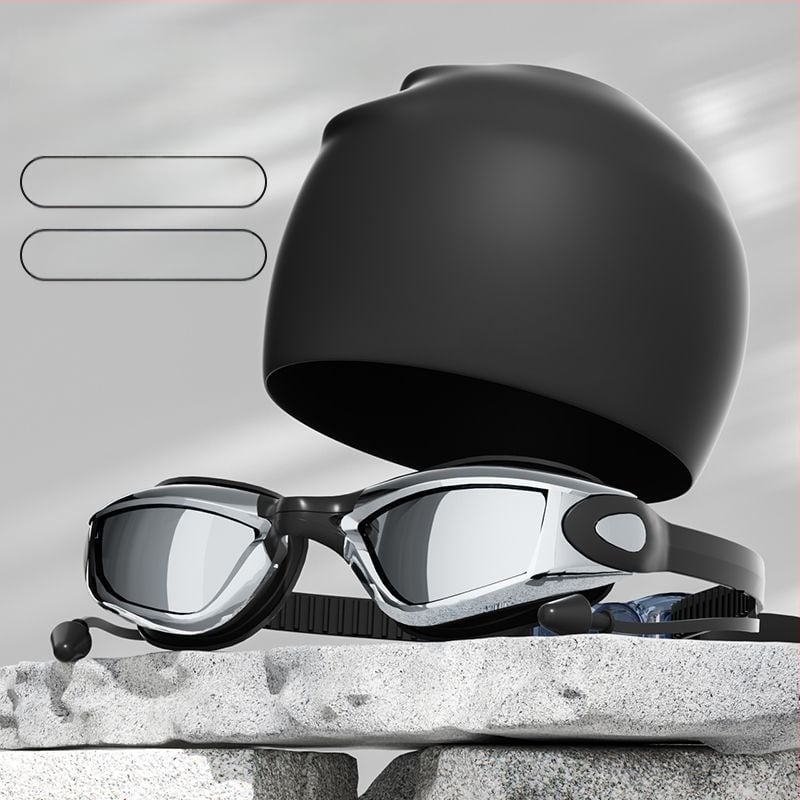 Pieaugušo peldēšanas brilles un cepures komplekts – antifog, lielais rāmis, PC lēcas, ūdensizturīgs