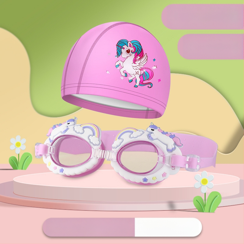 Bērnu peldēšanas brilles ar karikatūru dizainu, PC lēcas, ūdensdrošas un pret miglošanos, komplektā peldcepure