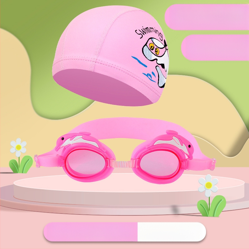 Bērnu peldēšanas brilles ar karikatūru dizainu, PC lēcas, ūdensdrošas un pret miglošanos, komplektā peldcepure